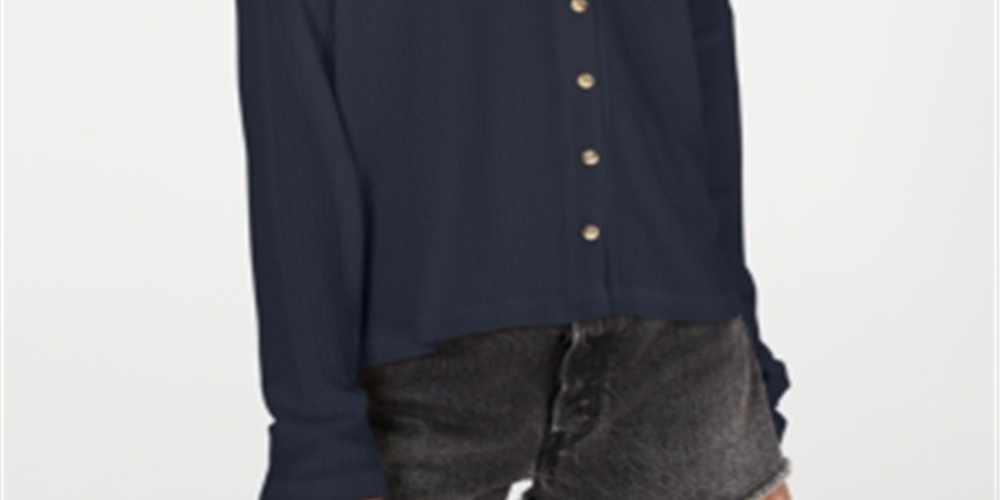 Hippie Rose Women's Juniors Hacci Card Waffle Knit Knit Cardigan Sweater Blue Size M