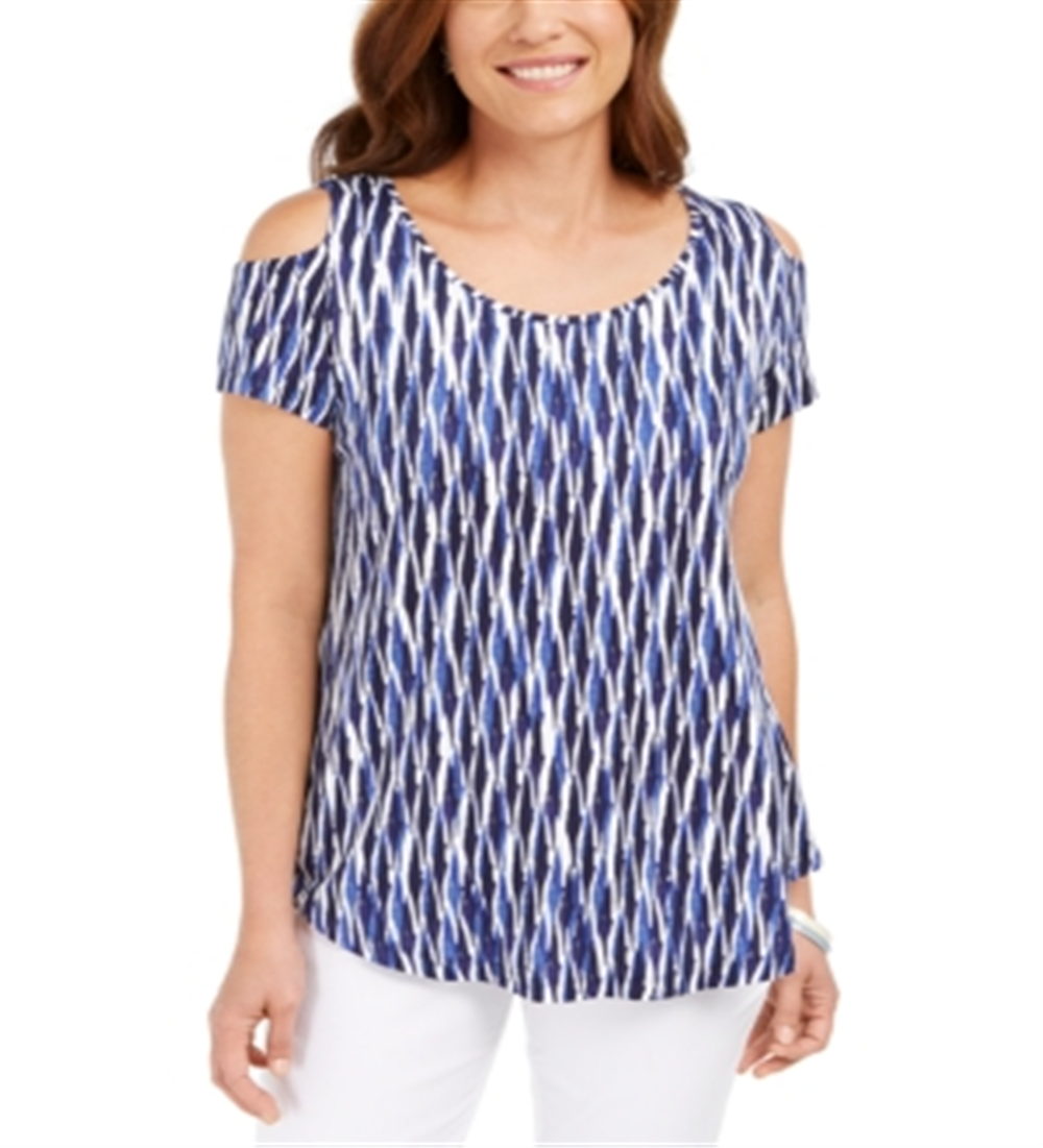 JM Collection Women's  Cold-Shoulder Printed Top Blue Size Large