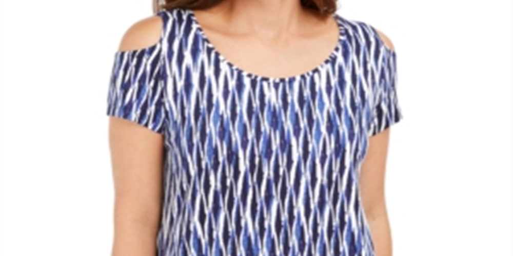 JM Collection Women's  Cold-Shoulder Printed Top Blue Size Large