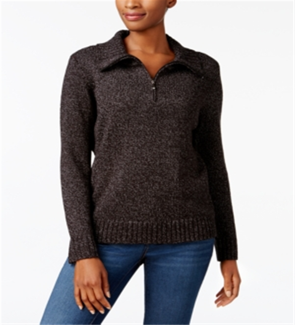 Karen Scott Women's Stretch Textured Knitted Long Sleeve Zip Neck Sweater Black Size Petite M