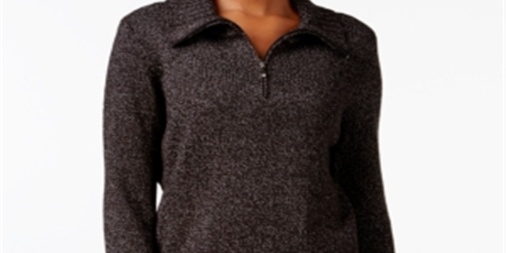 Karen Scott Women's Stretch Textured Knitted Long Sleeve Zip Neck Sweater Black Size Petite M