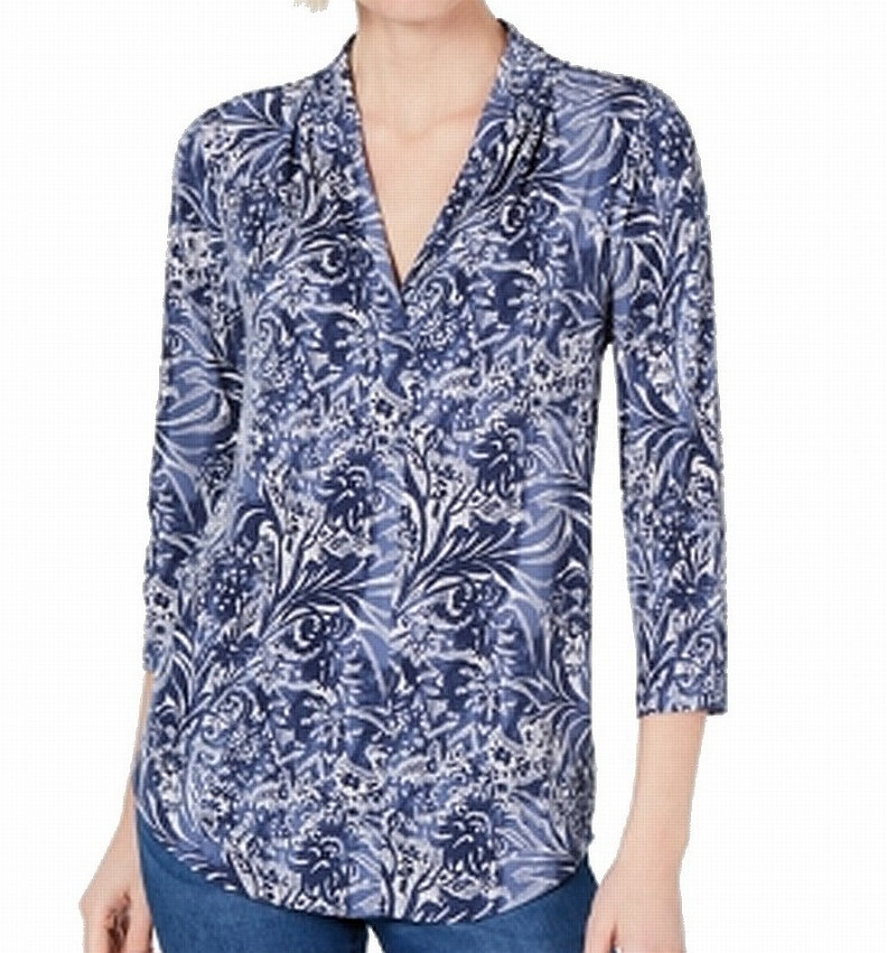 Charter Club Women's Blouse V Neck 3/4 Sleeve Blue Size Small
