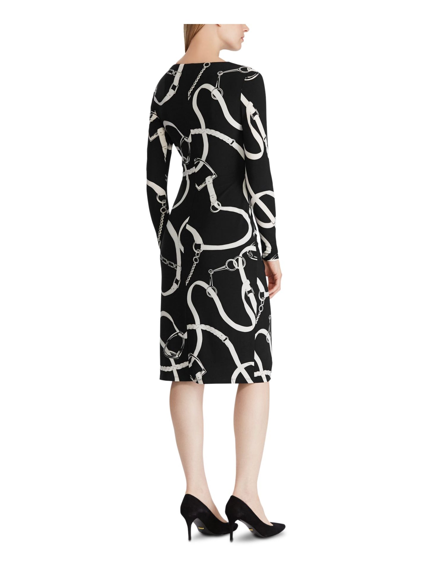 RALPH LAUREN Women's Printed Long Sleeve V Neck Knee Length Body Con Dress  Black Size 10 P