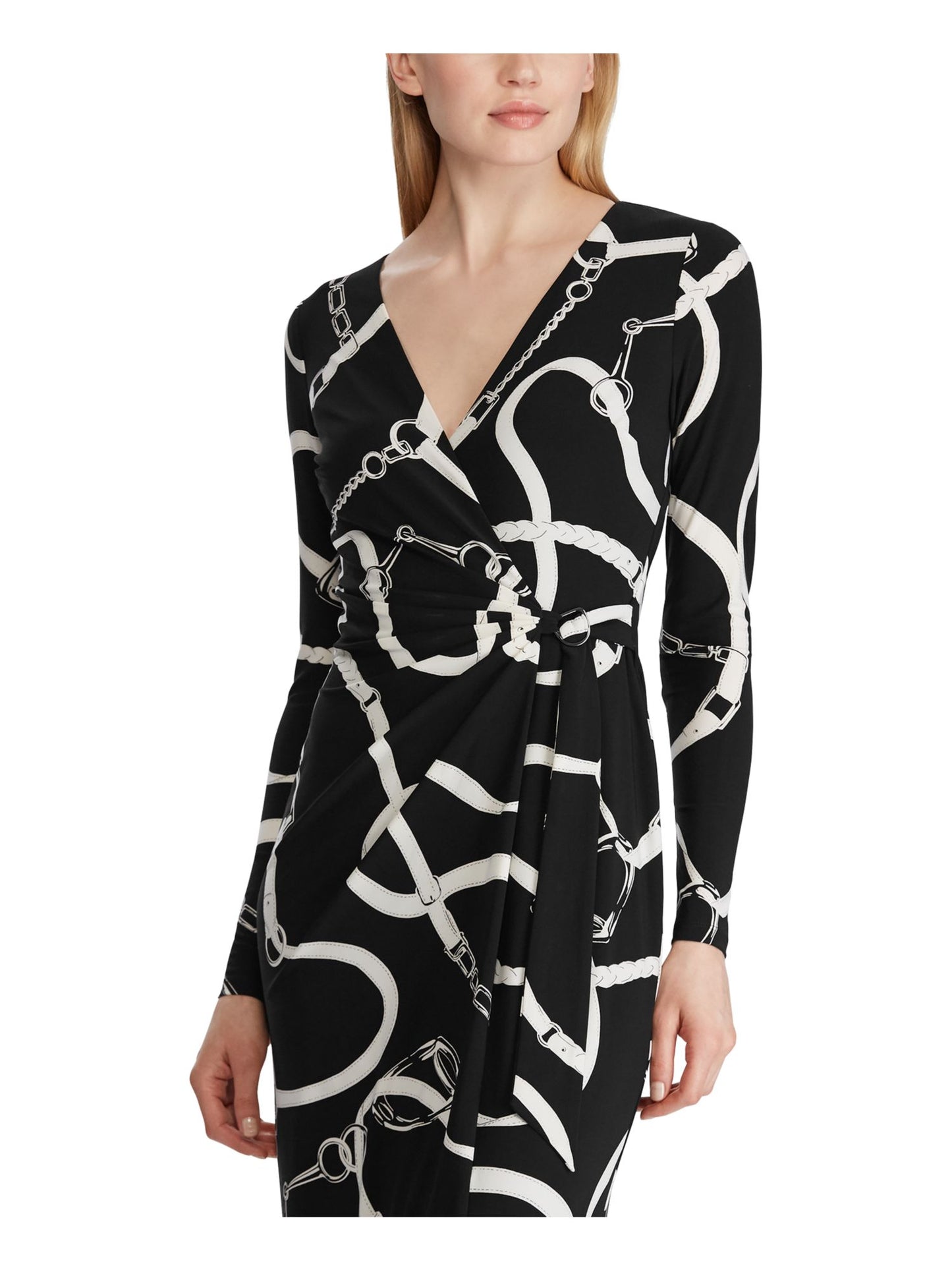 RALPH LAUREN Women's Printed Long Sleeve V Neck Knee Length Body Con Dress  Black Size 10 P