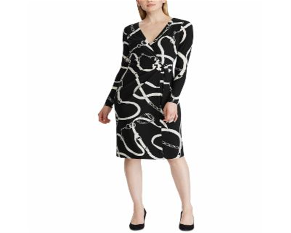 RALPH LAUREN Women's Printed Long Sleeve V Neck Knee Length Body Con Dress  Black Size 10 P