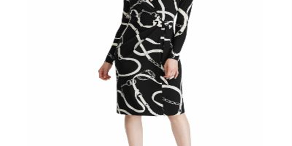 RALPH LAUREN Women's Printed Long Sleeve V Neck Knee Length Body Con Dress  Black Size 10 P