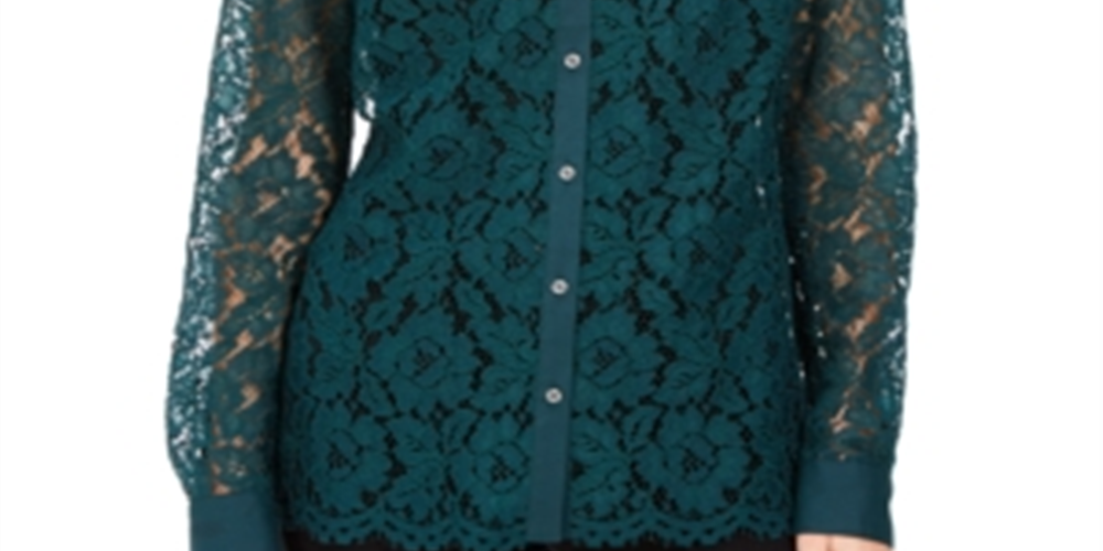 Charter Club Women's Lace Button Down Top Green Size Large