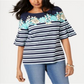 Charter Club Women's Tropical Stripe Bell-Sleeve Top  Blue Size XS