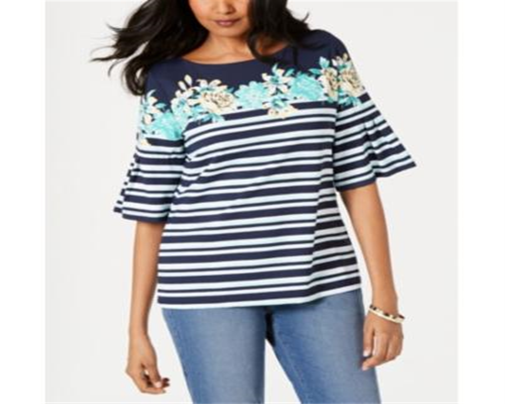 Charter Club Women's Tropical Stripe Bell-Sleeve Top  Blue Size XS