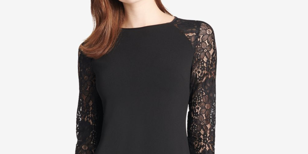 Tommy Hilfiger Women's  Lace Long Sleeve Jewel Neck Short Sheath Wear to Work Dress Black Size 4 P