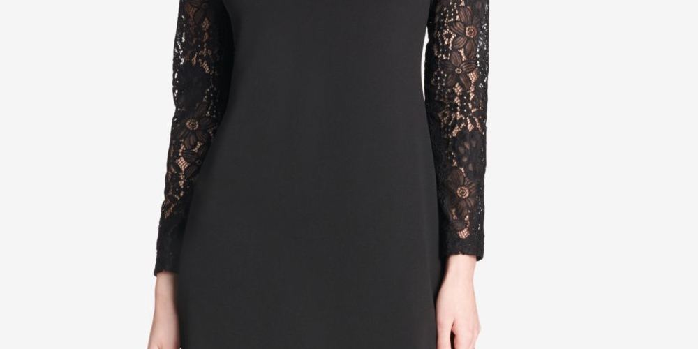 Tommy Hilfiger Women's  Lace Long Sleeve Jewel Neck Short Sheath Wear to Work Dress Black Size 4 P