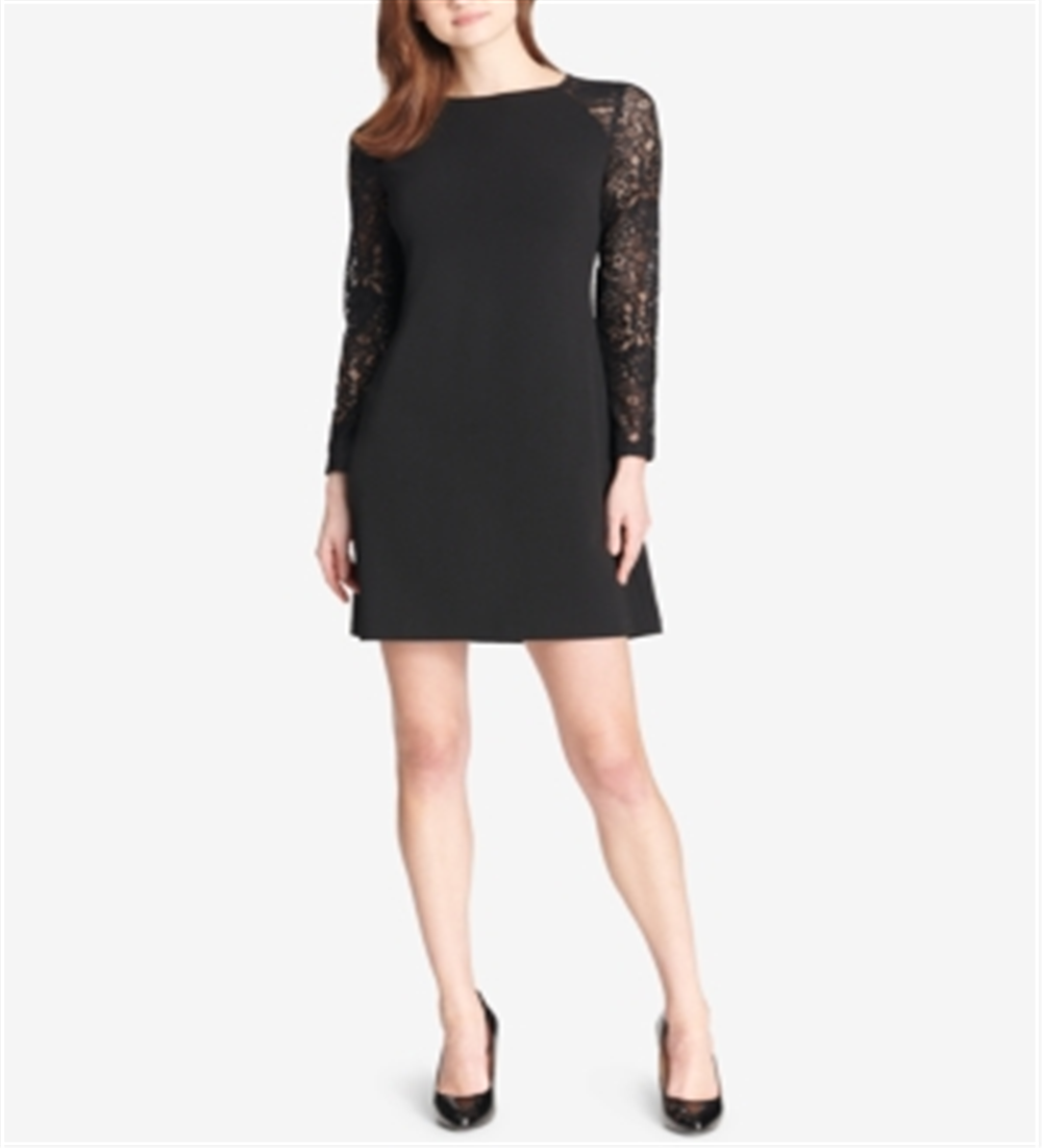 Tommy Hilfiger Women's  Lace Long Sleeve Jewel Neck Short Sheath Wear to Work Dress Black Size 4 P