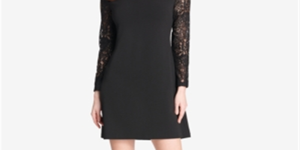 Tommy Hilfiger Women's  Lace Long Sleeve Jewel Neck Short Sheath Wear to Work Dress Black Size 4 P