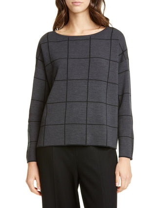 Eileen Fisher Womens Petites Box Top Wool Bateau Neck Charcoal Black - Size Petite Large