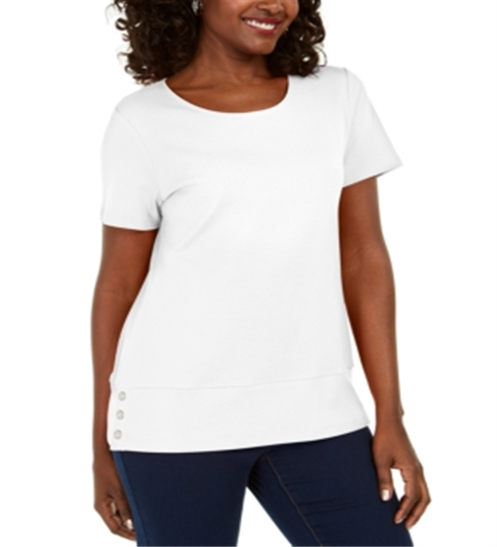 Karen Scott Women's  Button-Hem Scoop-Neck Cotton Top  - Bright White White Size XS