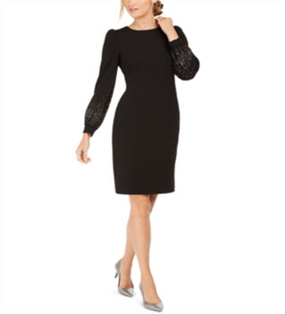 Calvin Klein Women's Sheath Puff Shoulder Embellished Dress Black Size 10