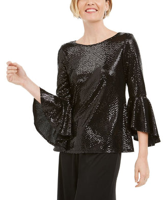 MSK Women's Sequined Bell Sleeve Top Black Size Petite Medium