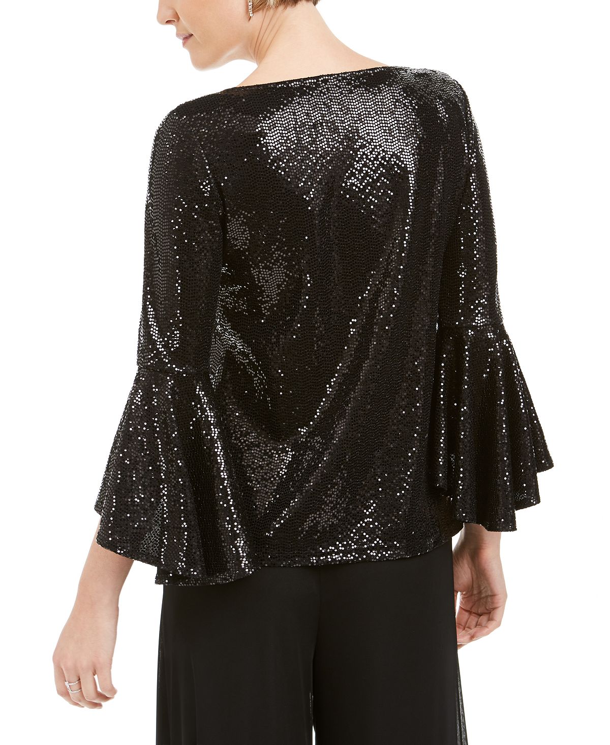 MSK Women's Sequined Bell Sleeve Top Black Size Petite Medium
