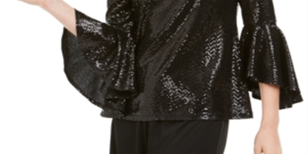 MSK Women's Sequined Bell Sleeve Top Black Size Petite Medium