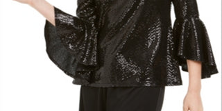 MSK Women's Sequined Bell Sleeve Top Black Size Petite Medium