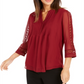 Charter Club Women's Petite Sheer Sleeve Pintuck Top Carriage Red Size Petite L