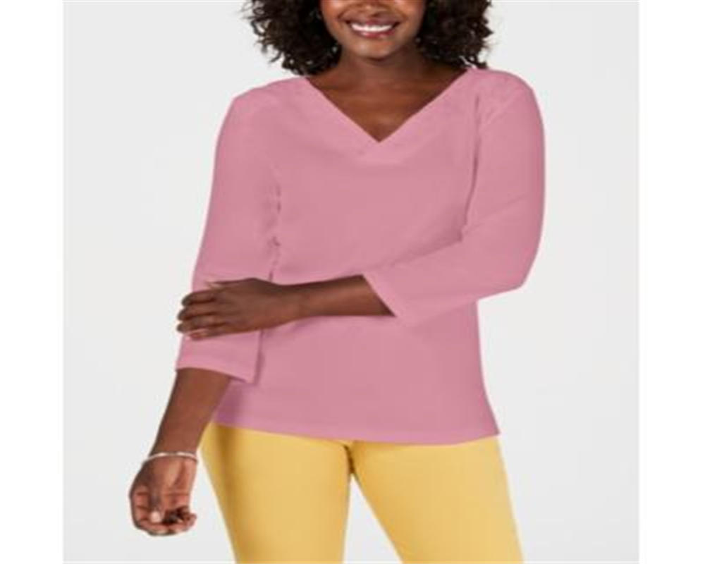 Karen Scott Women's Eyelet V Neck Cotton Top Pink Size -S