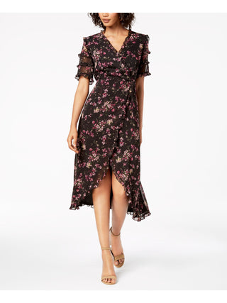 KENSIE Women's Floral Short Sleeve V Neck Tulip Dress Black Size 4