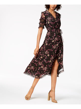 KENSIE Women's Floral Short Sleeve V Neck Tulip Dress Black Size 4