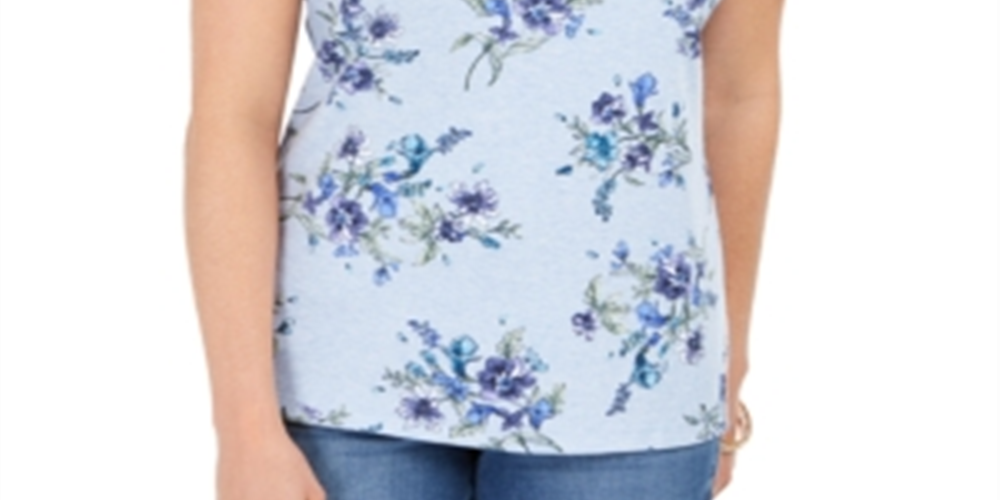 Karen Scott Women's Floral-Print Scoop-Neck Top  Blue Size Small