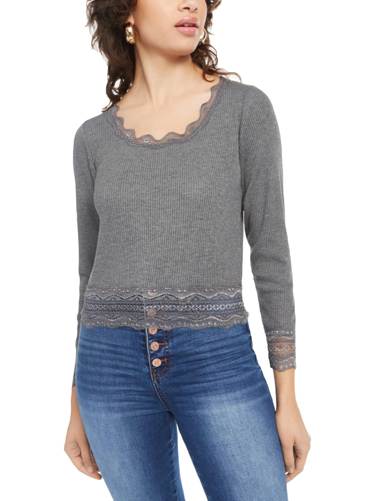Planet Gold Juniors' Lace-Trim Top Gray Size Large