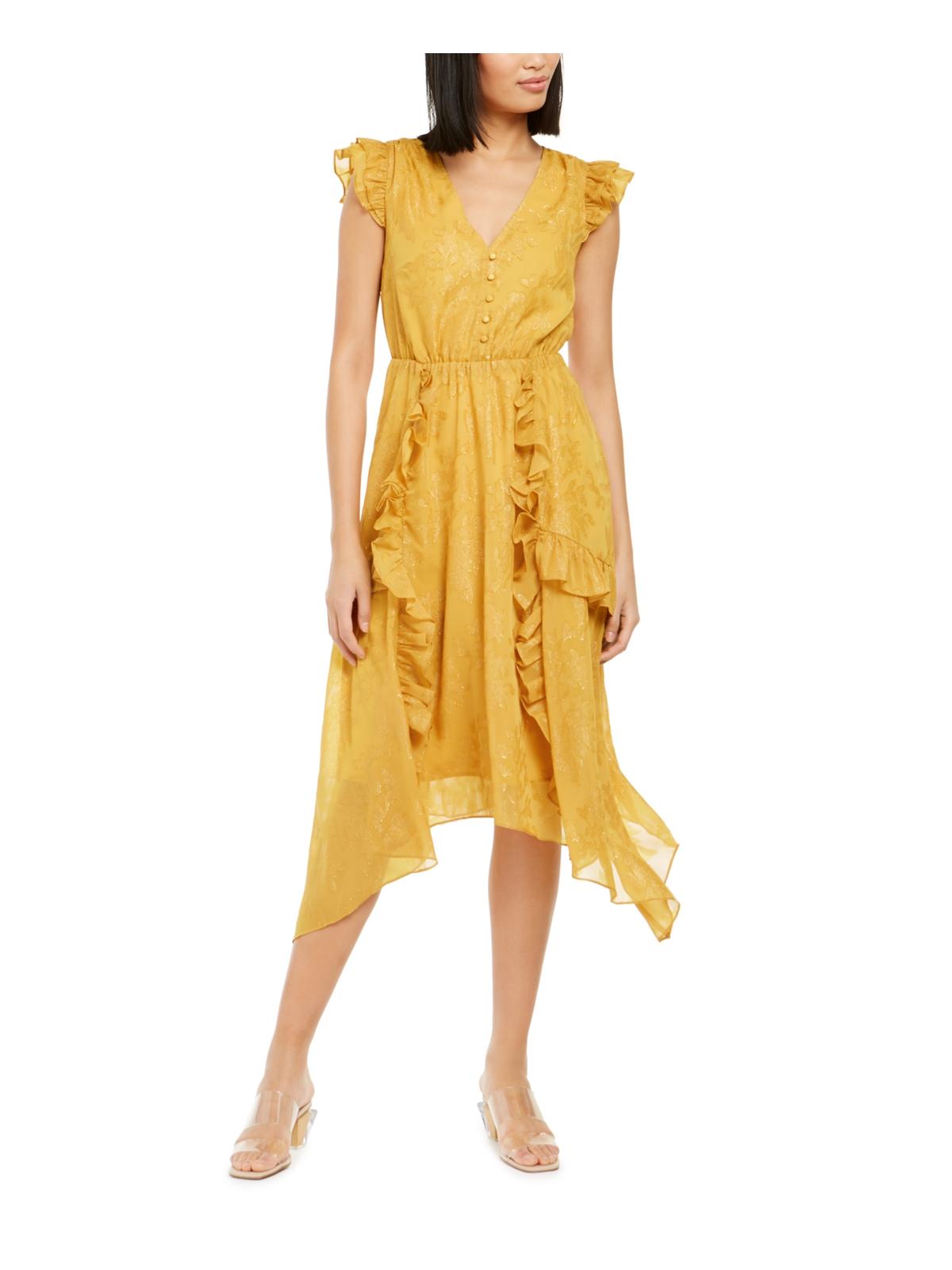 INC Women's Metallic V-Neck MIDI Dress Gold  Size XS