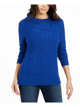 Charter Club Women's  Textured Solid Long Sleeve Jewel Neck Sweater Blue Size Petite L
