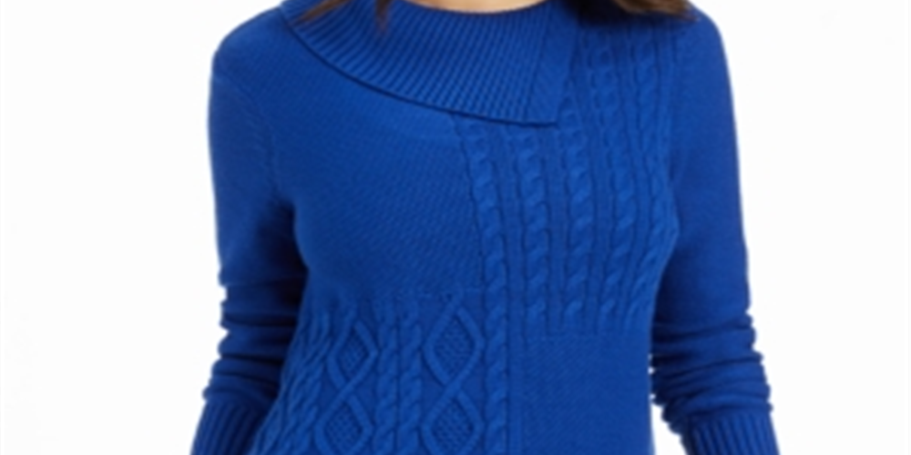 Charter Club Women's  Textured Solid Long Sleeve Jewel Neck Sweater Blue Size Petite L