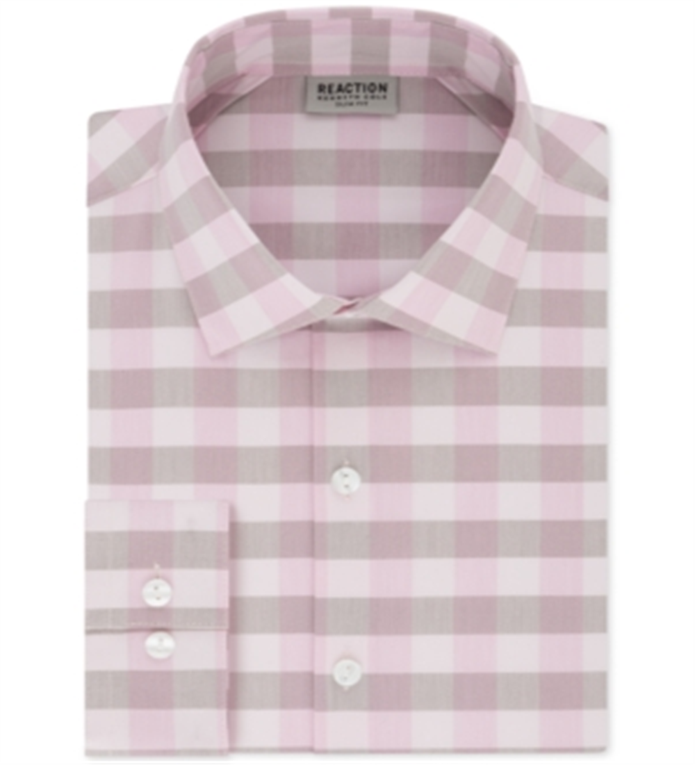 Reaction Kenneth Cole Men's Buffalo Checkls Slim Fit Spread Collar Shirt Pink Size XL