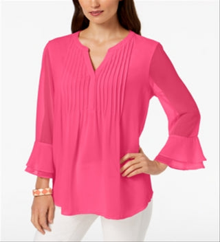 Charter Club Women's Double Ruffle Solid Pintuck Top Pink Size Medium