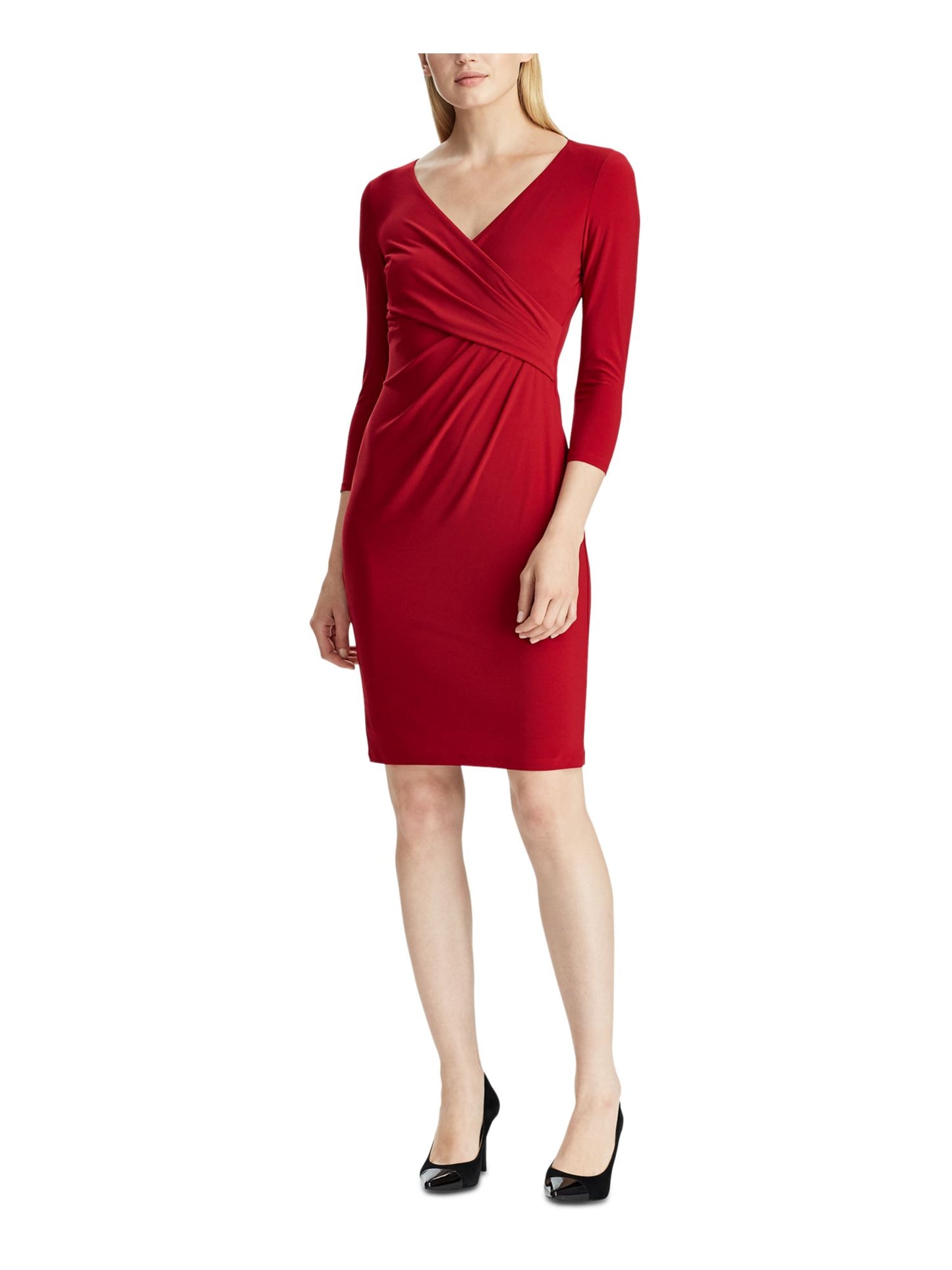 Lauren Ralph Lauren Women's Long Sleeve V Neck Above the Knee Cocktail Sheath Dress Petites Red Size 10 P