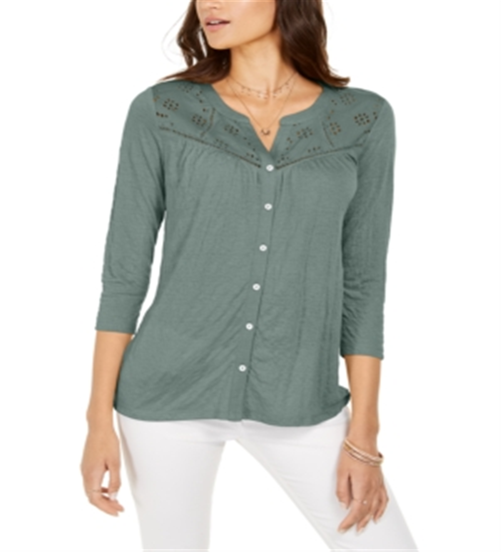 Style & Co Women's Eyelet Button-Front Top Green Size 2XL