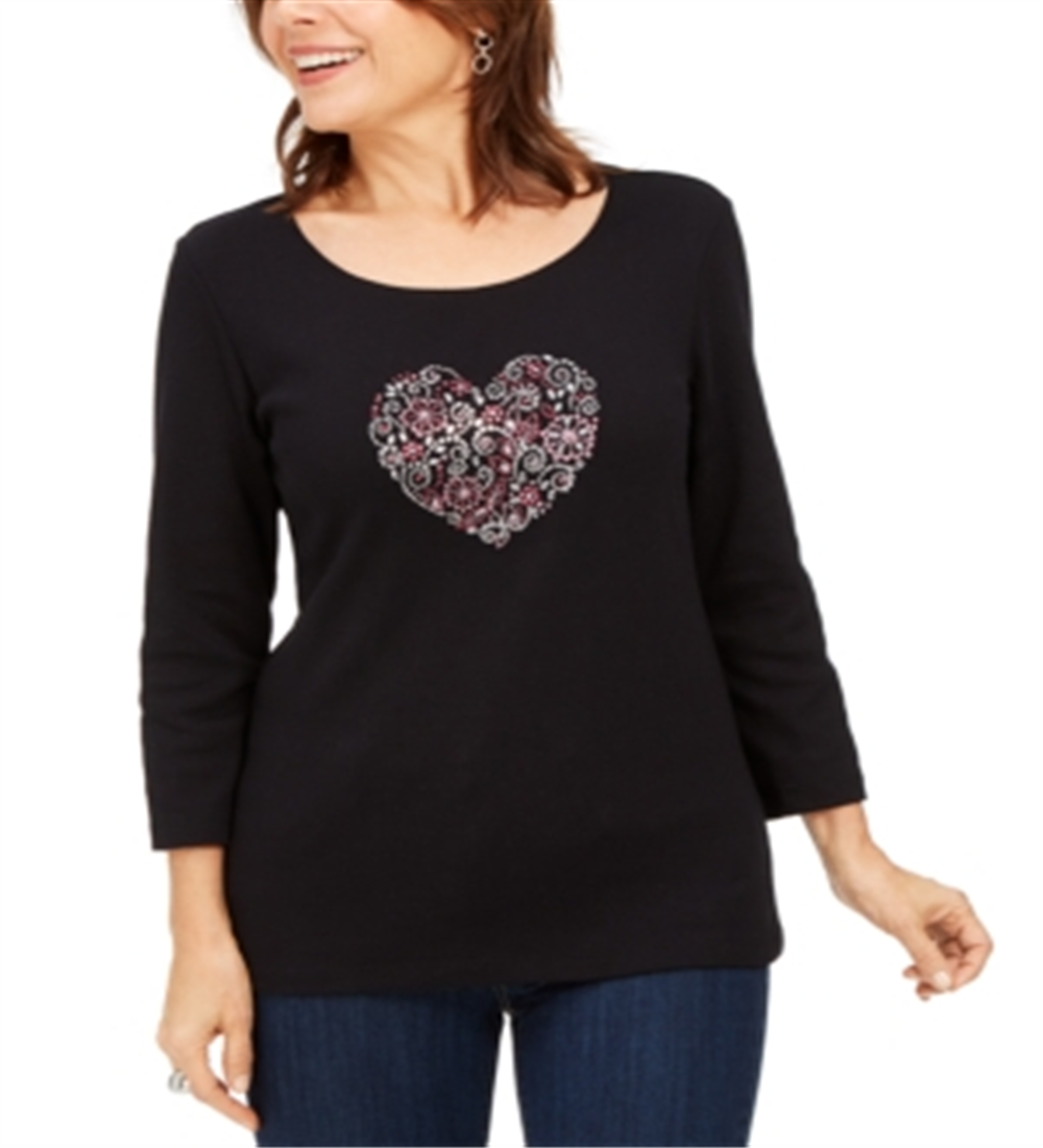 Karen Scott Women's Cotton Heart Embellished Top Black Size Petite S
