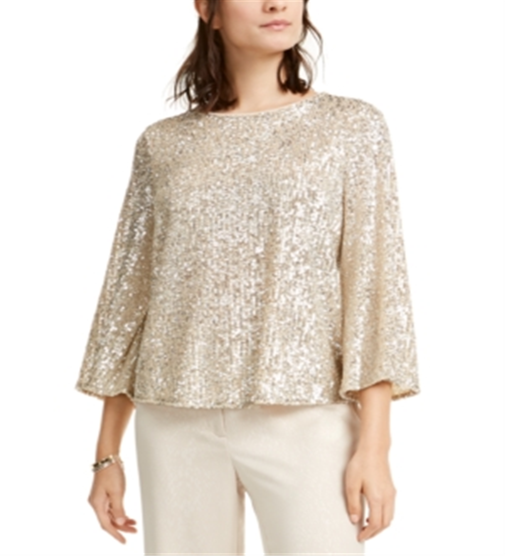 Alfani Women's Sequined Bell Sleeve Top Gold Size 2XL