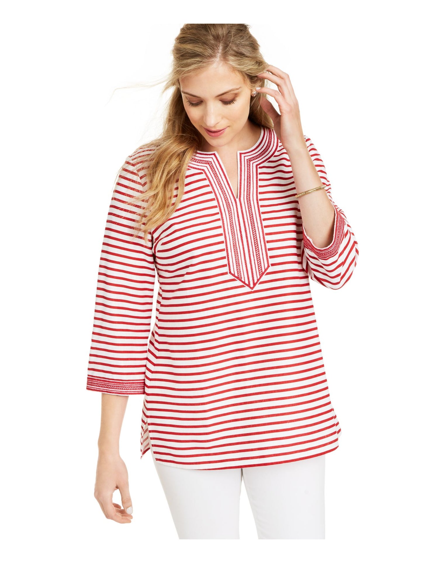 Charter Club Women's Embroidered Striped Linen Blend Tunic Red Size Large