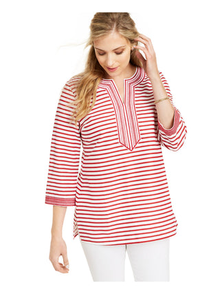 Charter Club Women's Embroidered Striped Linen Blend Tunic Red Size Large