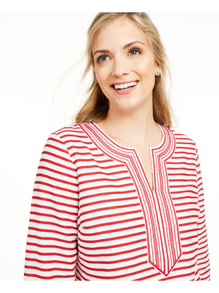 Charter Club Women's Embroidered Striped Linen Blend Tunic Red Size Large