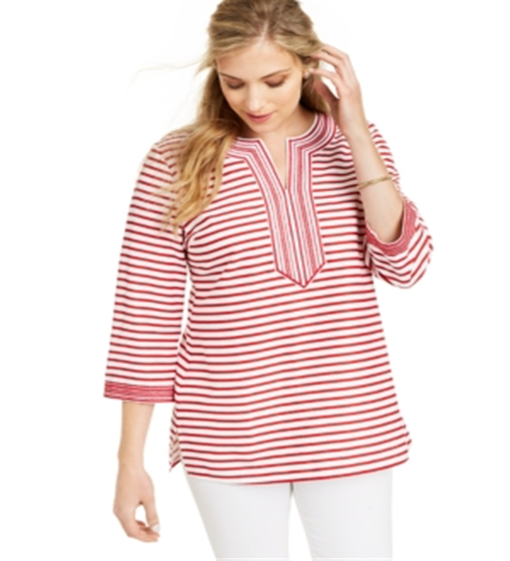 Charter Club Women's Embroidered Striped Linen Blend Tunic Red Size Large