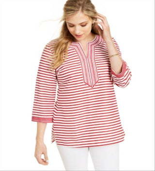 Charter Club Women's Embroidered Striped Linen Blend Tunic Red Size Large