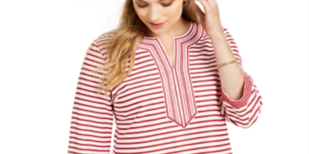 Charter Club Women's Embroidered Striped Linen Blend Tunic Red Size Large