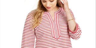 Charter Club Women's Embroidered Striped Linen Blend Tunic Red Size Large