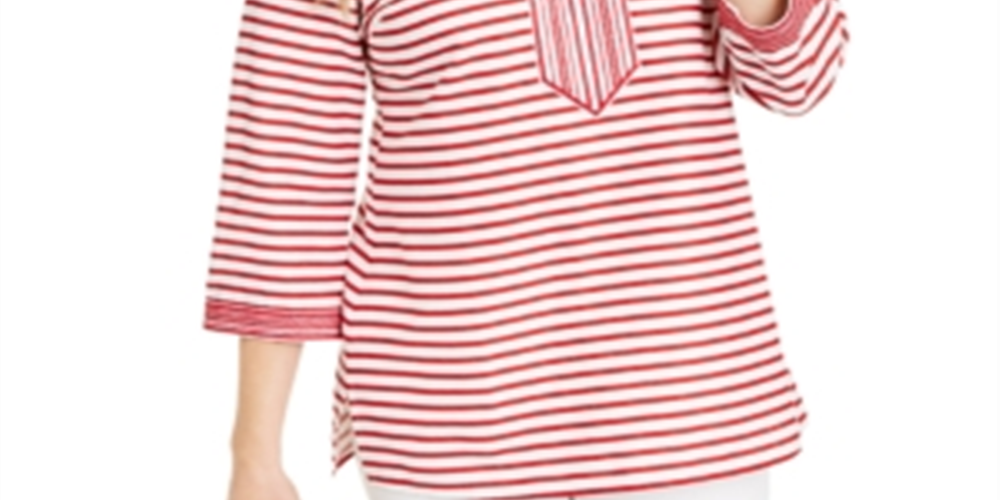Charter Club Women's Embroidered Striped Linen Blend Tunic Red Size Large