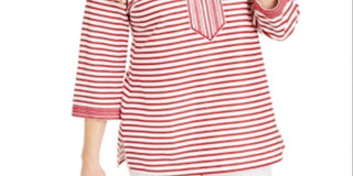 Charter Club Women's Embroidered Striped Linen Blend Tunic Red Size Large