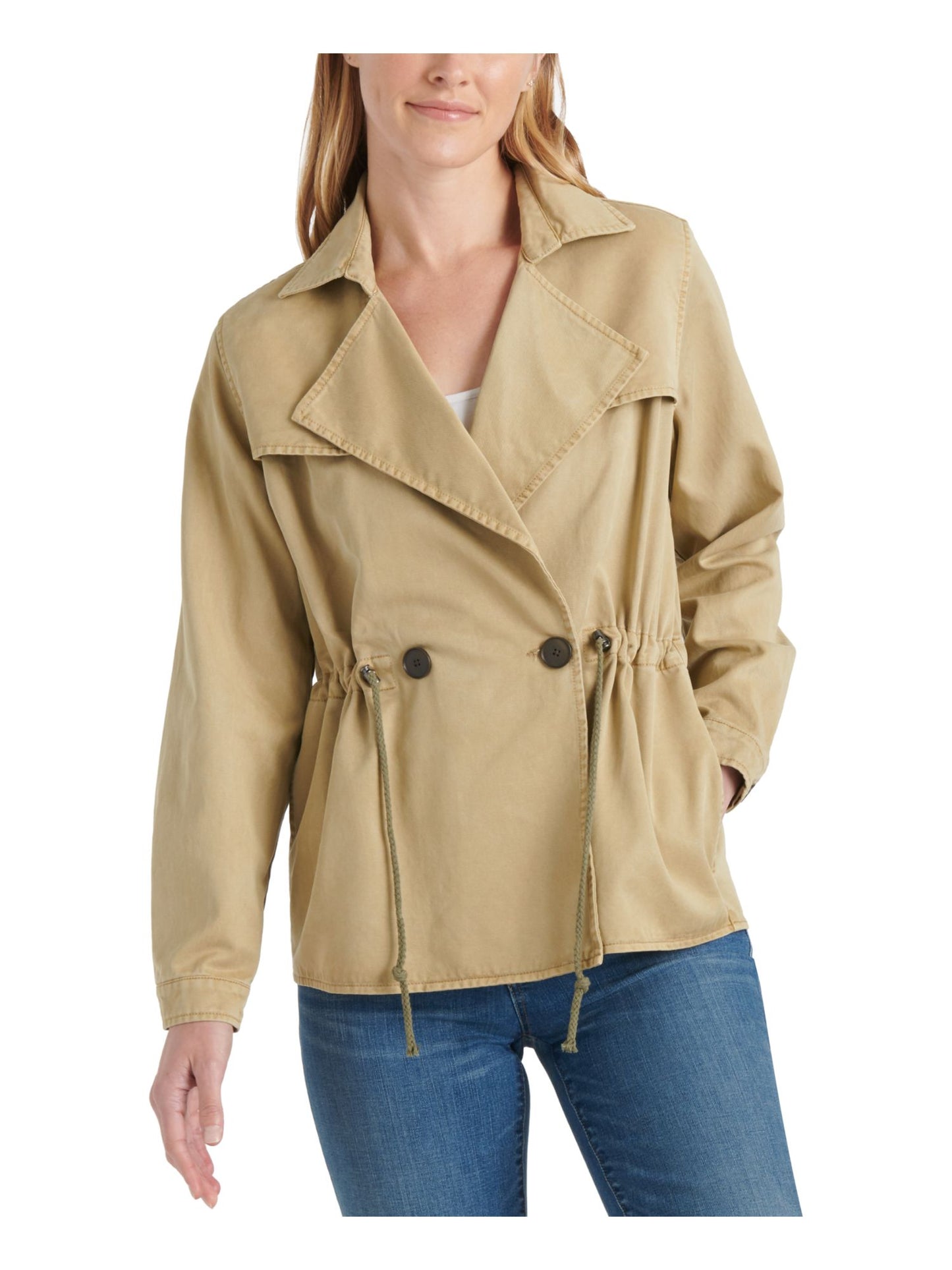 Lucky Brand Women's Stretch Pocketed Drawstring Double-breasted Trench Coat Brown Size S