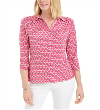 Charter Club Women's Printed 3/4-Sleeve Knit Top  Pink Size 2XL